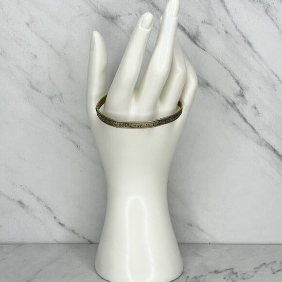 Hindi Embossed Thin Silver Tone Cuff Bracelet - Picture 4 of 7